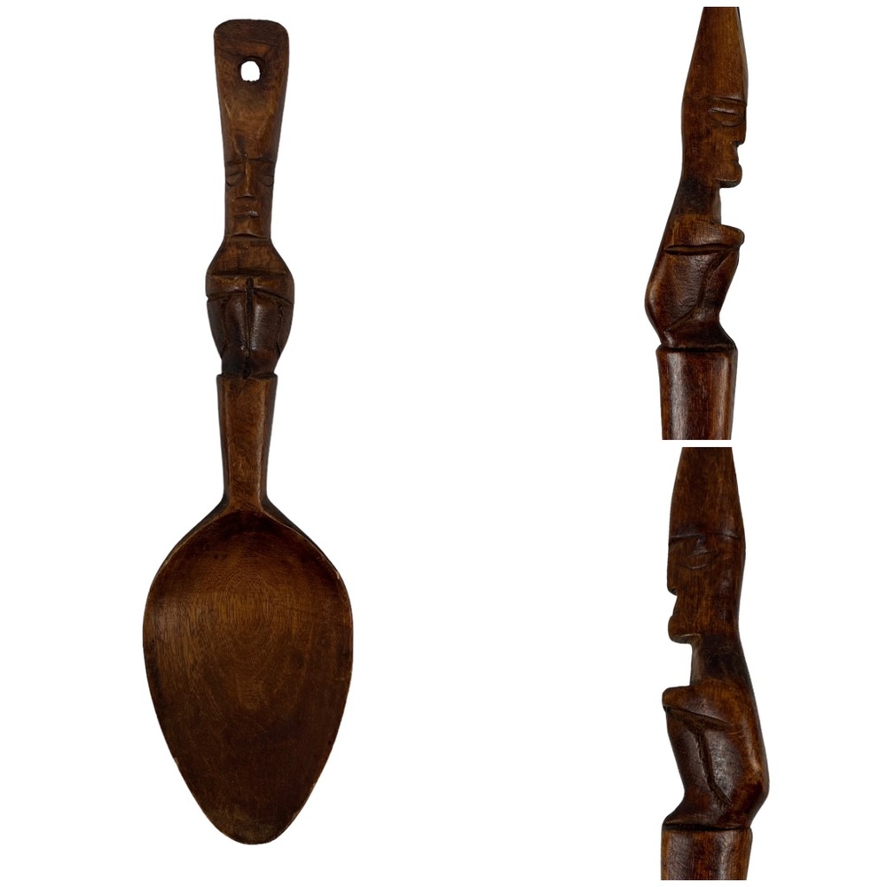 Hand Carved Wood Spoon Man Carved Handle Decor Wall Brown Distressed Vintage